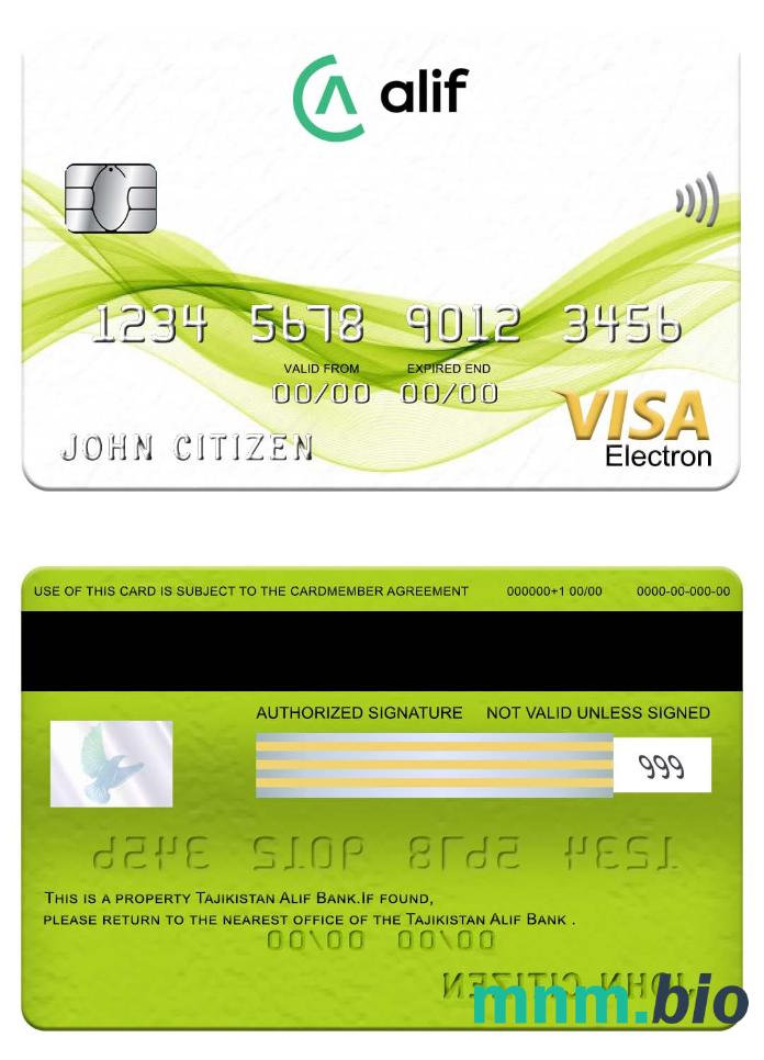 Tajikistan Alif Bank visa electron karta przykład w formacie PSD